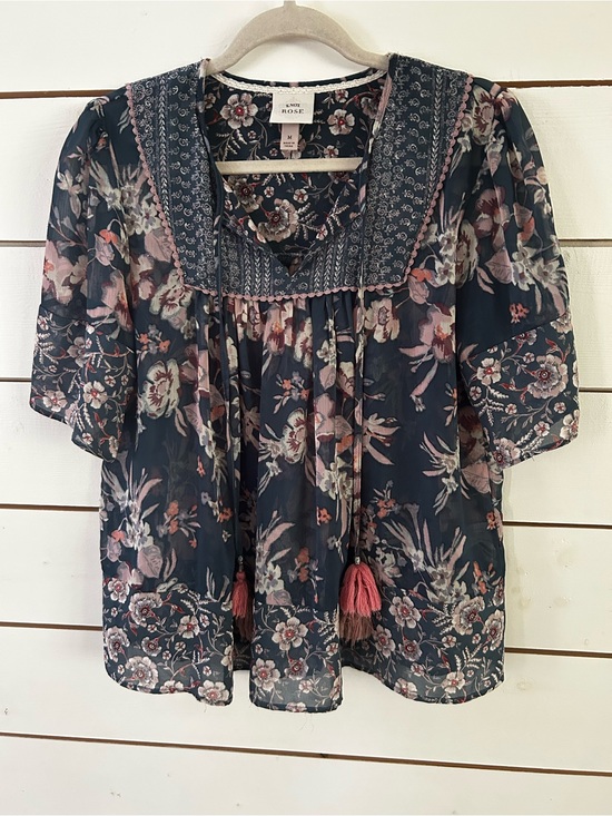 Knox Rose Tops - Knox Rose Medium Semi Sheer Boho Tassel Tie Front Top Navy Floral Peasant Blouse